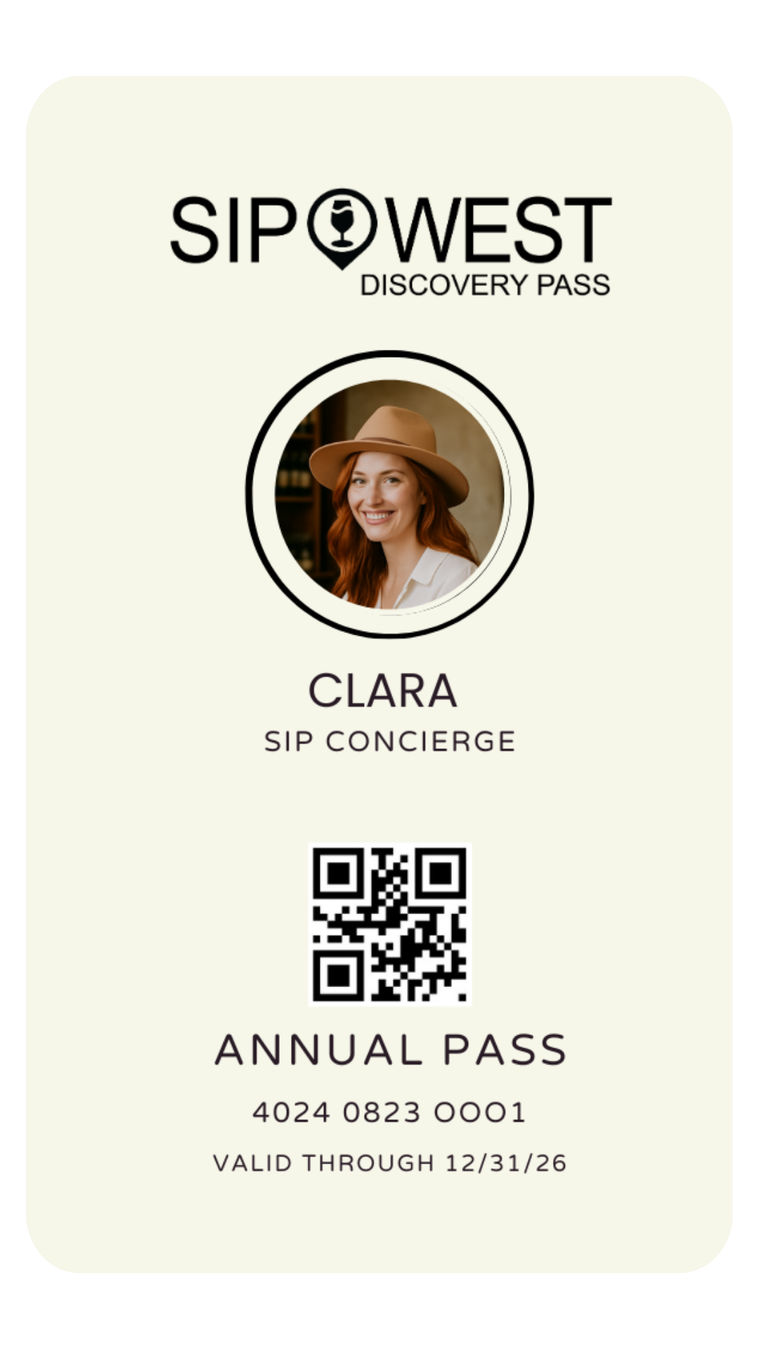 Sip West Annual Discovery Pass card with member photo, name, QR code, ID number, and valid-thru date