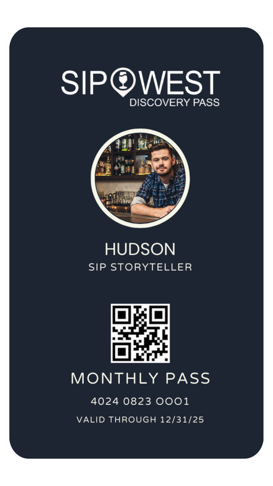 Sip West Monthly Discovery Pass — digital membership card with photo, member name, and QR code on a navy background.
